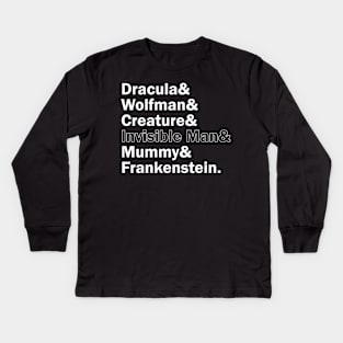 Funny Names x Universal Monsters (Dracula, Creature, Wolfman, Invisible Man, Mummy, Frankenstein) Kids Long Sleeve T-Shirt